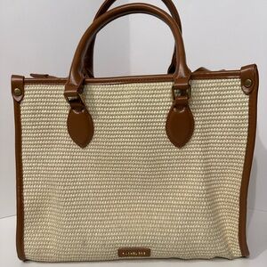Rachel Zoe Woven Straw Bag Double Handles Faux Leather Trim